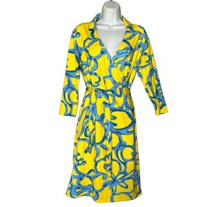 J McLaughlin Yellow Blue Wrap Dress Medium Collared Stretch Resort Preppy